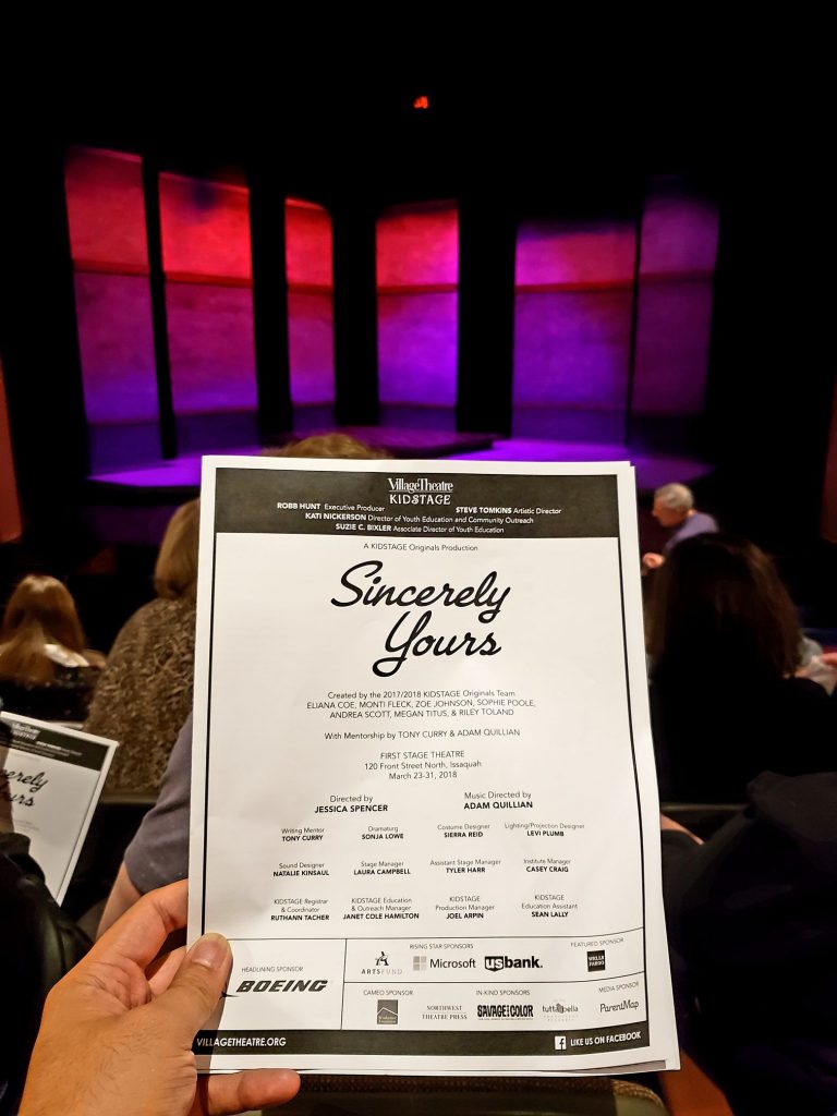 Watched the new musical "Sincerely Yours." While I respect that this was written by high schoolers, it was just a lukewarm piece and performance. And why were there no guys? Single gender shows tend to be more boring in my experience. — attending Sincerely Yours at Village Theatre.
