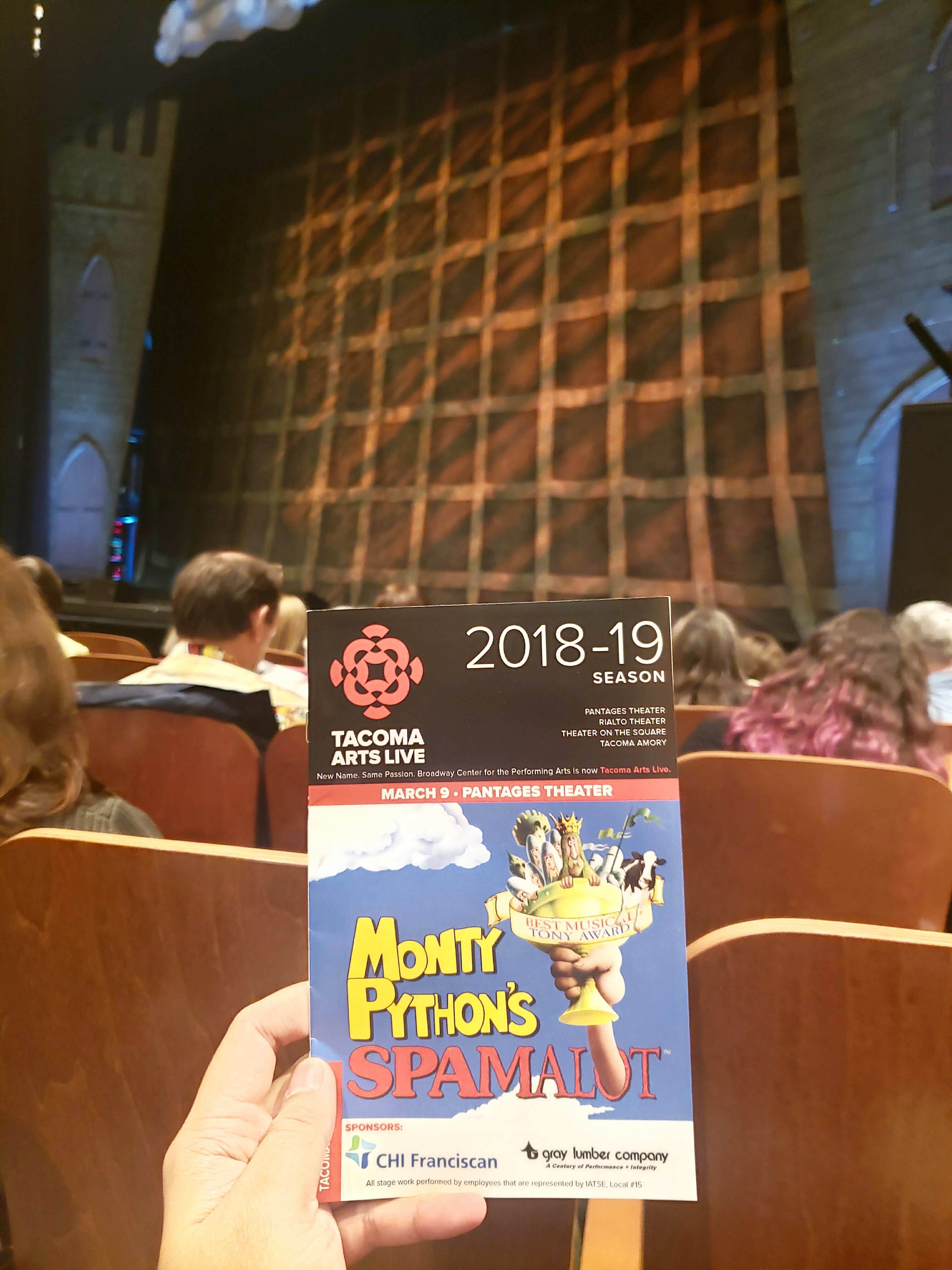 #OneDayOnly run of @MontyPython's @TheTonyAwards-winning #musical @SpamalotOnTour w/ dad at @TacomaArtsLive in #PantagesTheater. So close to the stage that I didn't know where to look! #English #slapstick #comedy. #AlwaysLookOnTheBrightSideOfLife #KingArthur #HolyGrail #Camelot