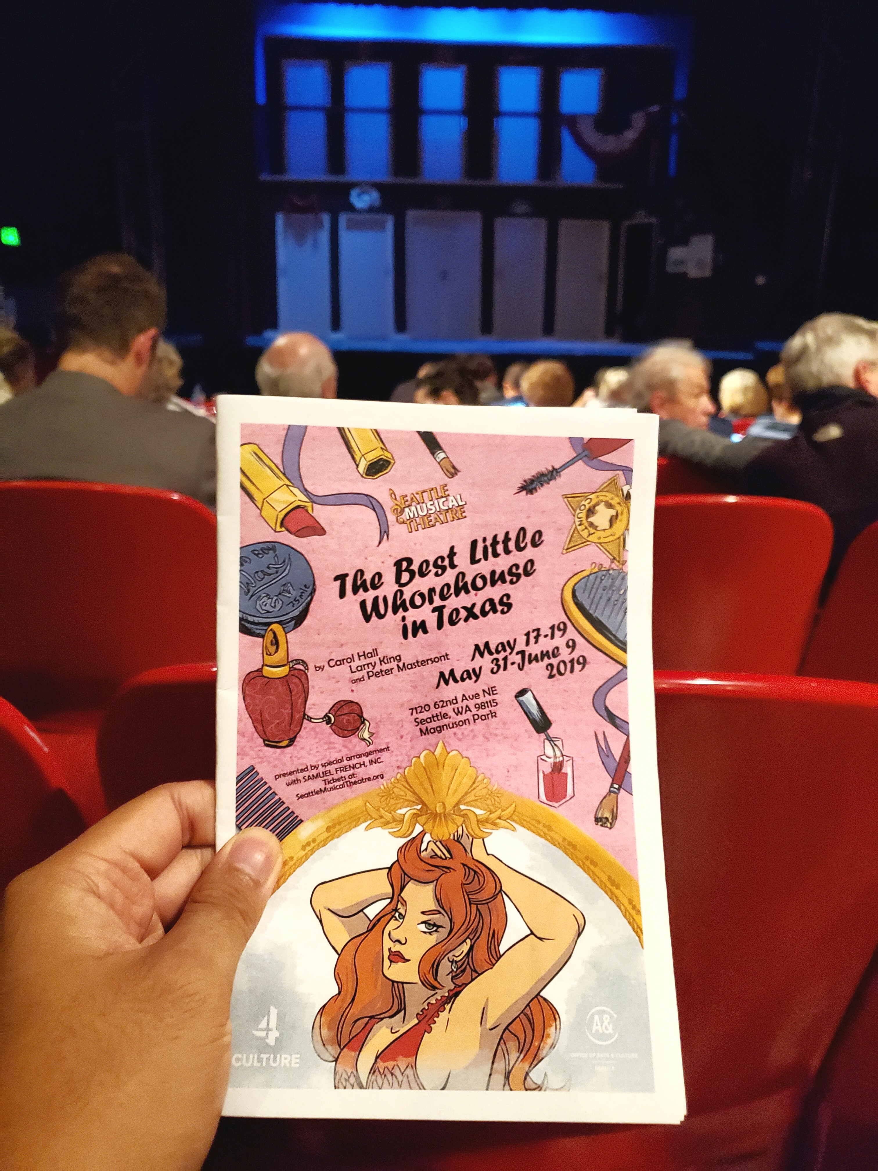Stage #musical production of The Best Little WhoreHouse In Texas w/ Raymund at Seattle Musical Theatre. Some good songs & awesome Miss Mona actress. But slow dialogue, awkward transitions, & terrible microphones. #Texas #Brothel