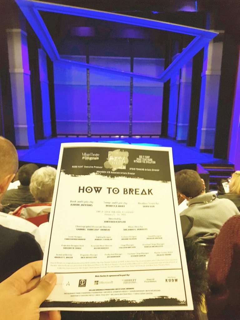 Watched a developing hip hop dance musical "How to Break." Urban teen gets leukemia. Very promising piece. But not a fan of stereotypical inner-city teen characters with nobody-understands-me rude attitude.