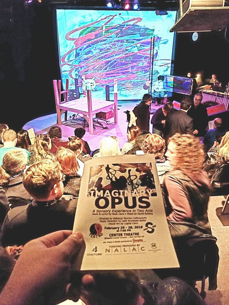 Opening night to the musical/artshow "Imaginary Opus." No substantial plot. Just the message that everyone is a special snowflake. ? — attending Imaginary Opus: A Sensory Experience in Two Acts at Seattle Center.
