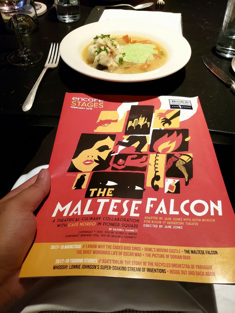Dinner theater watching the fast-paced stage adaptation of The Maltese Falcon. My 1st exposure to noir & I'm loving it! Actors portrayed this melodramatic genre well w/o being too campy/corny. In other news, I ate truffles for the 1st time & I'm not impressed. — attending The Maltese Falcon at Cafe Nordo.