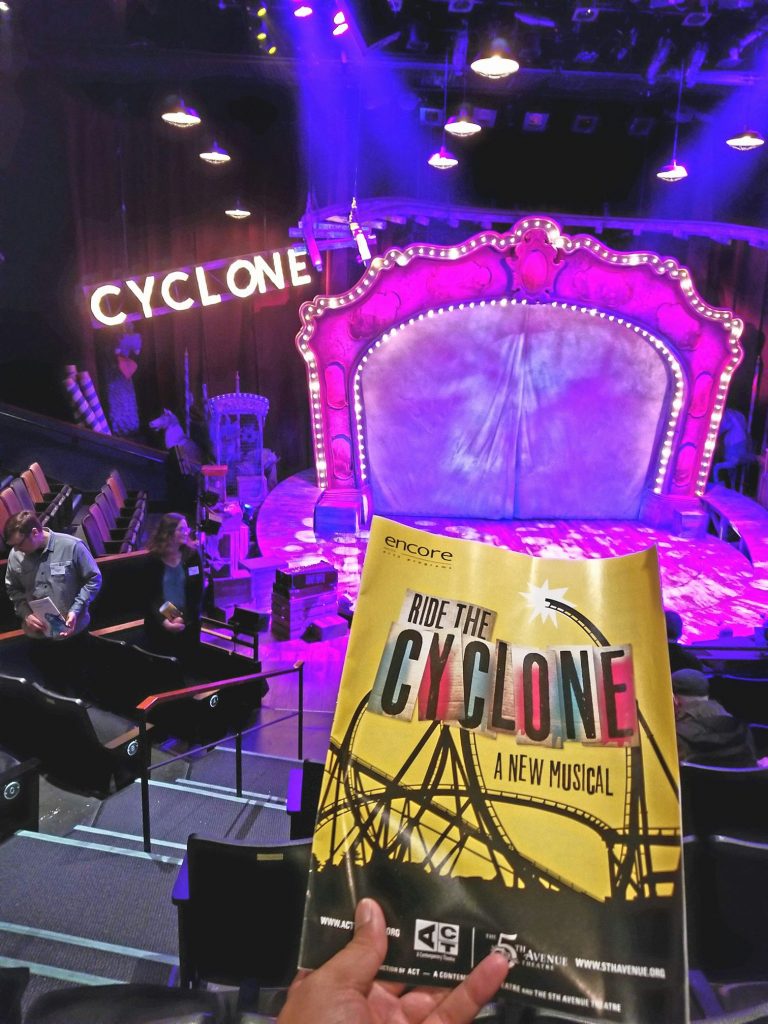 Opening preview night to "Ride the Cyclone" musical w/ Paul. After a rollercoaster derails, six kids in limbo await their fate at the mercy of a carnival robot. Yes, it sounds bizarre. Hopefully, they'll fix some kinks before opening night. Visuals & vocals were on point though! — attending Ride the Cyclone (Mar 10-May 20) at ACT Theatre.