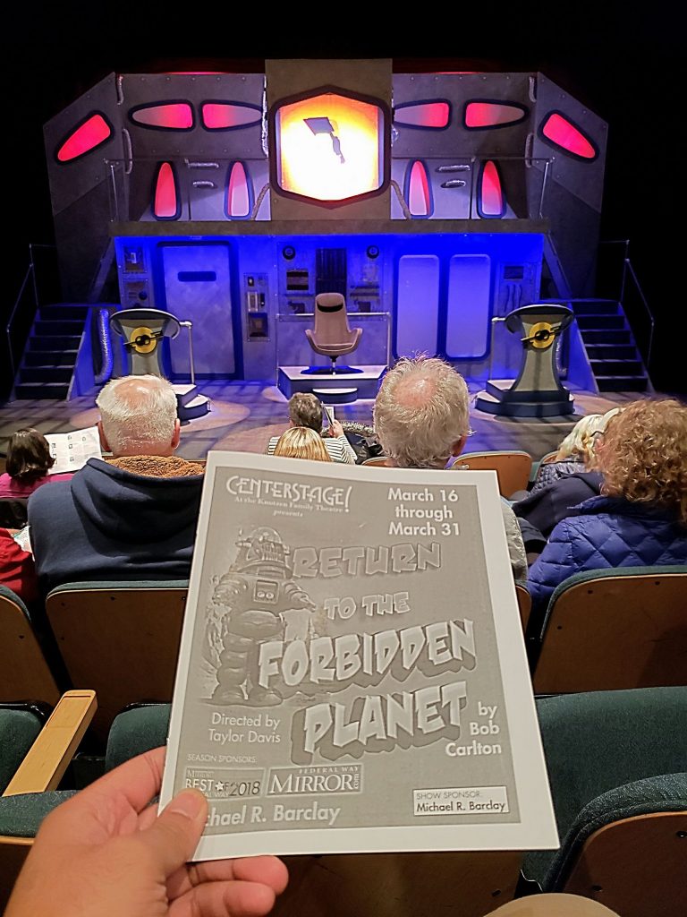 Traveled to Siberia (Federal Way) to watch the Shakespeare-inspired sci-fri (aka cheesy) rock musical Return to the Forbidden Planet. Just ... awful! It's a shame cause the set was good & 1/2 the actors were inherently talented. Wasn't sure if the lead actor lost his voice. — attending Return to the Forbidden Planet [Final Weekend] at Centerstage Theatre.