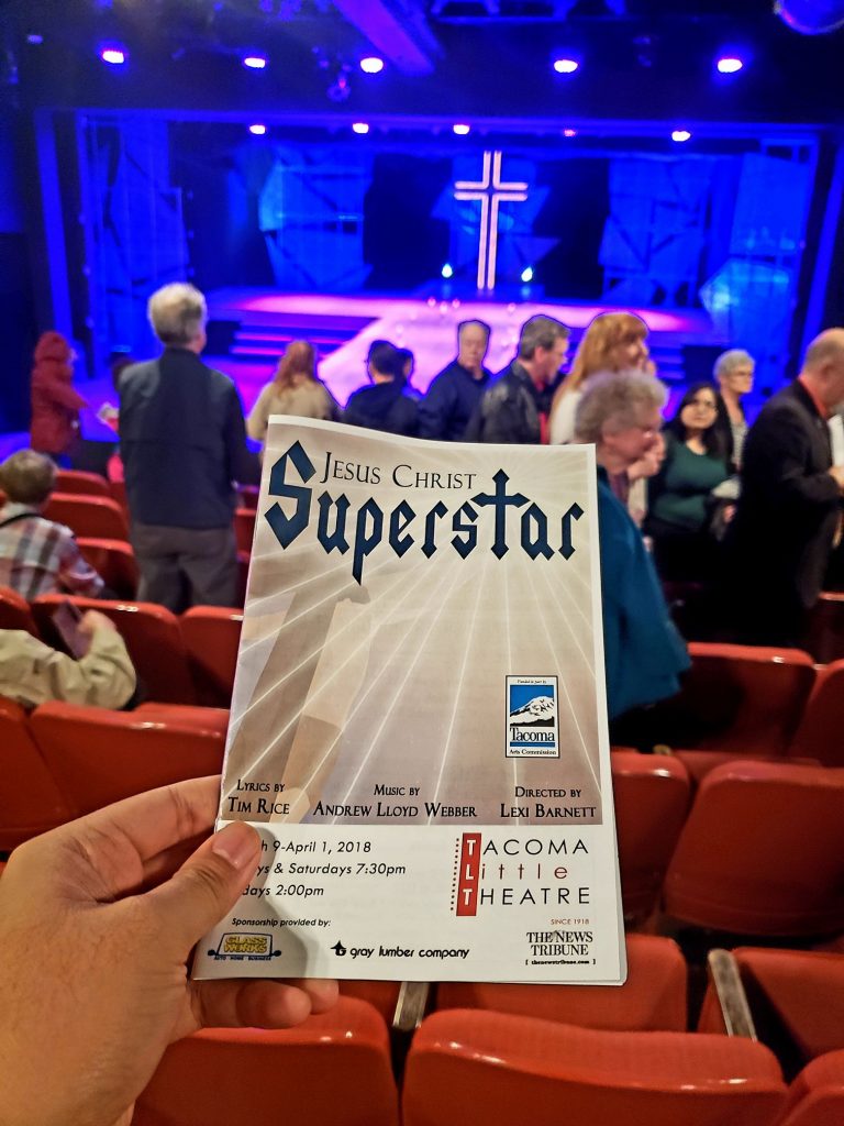 Easter Sunday matinee of Jesus Christ Superstar musical. Not terrible but not amazing either. They used accompaniment recording (instead of a live band), which is one of my theatre pet peeves. — attending Jesus Christ Superstar at Tacoma Little Theatre.