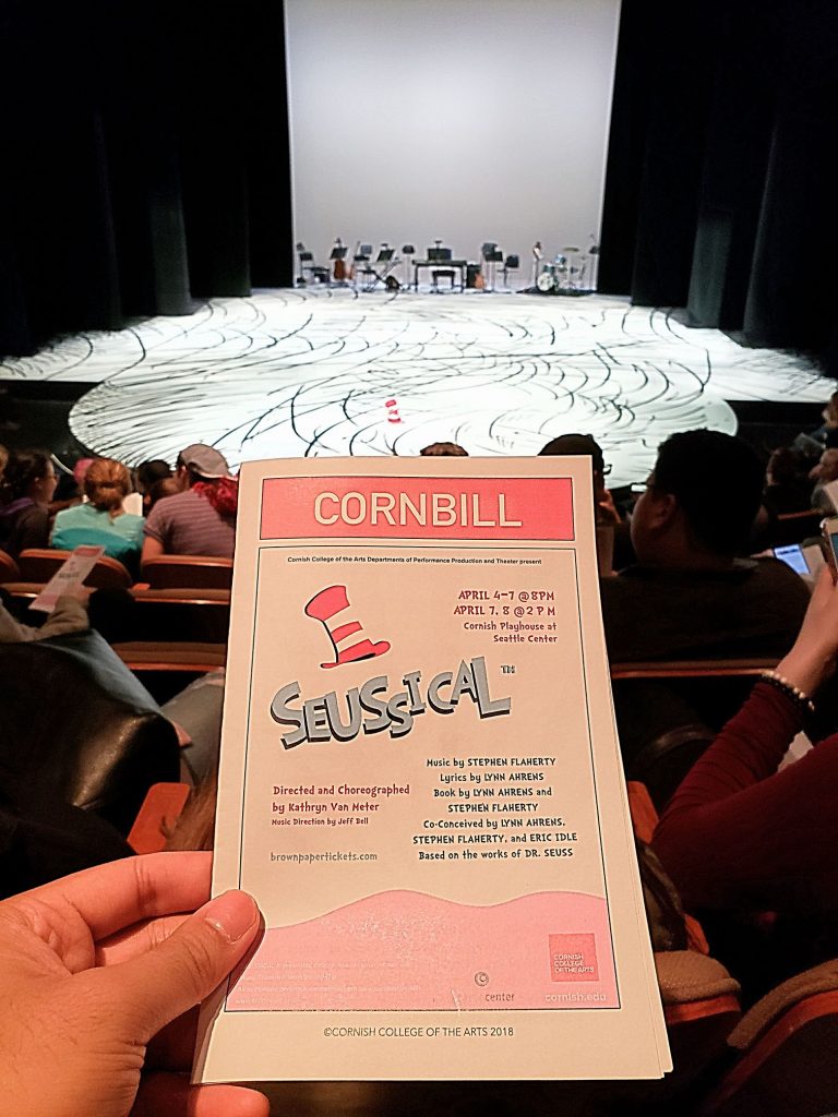 Watched the nonsensical Seussical the Musical. Not bad. My main request: if gender bending casting, make sure the actors don't sing an octave lower than the original parts. Or at least transpose the dang song! — attending Seussical at Cornish Playhouse At Seattle Center.