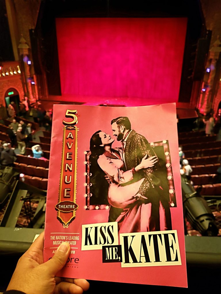 Opening night to Kiss Me, Kate musical featuring songs by Cole Porter. Originally saw in a community theater (Seattle Musical Theatre) and man, the professional production is so much better! — attending Kiss Me, Kate at The 5th Avenue Theatre.