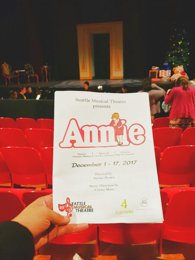 Watched Annie the Musical - saccarine story of a creepy billionaire's obsession with an orphan girl. Lead actress had a great voice but where'd yo groovy 70s afro go gurl?! — attending Annie - Thursday, Dec. 14, 2017 / 7:30pm at Seattle Musical Theatre.