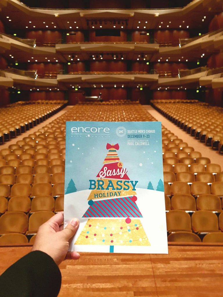 Whew! Finished performing last Christmas concert (of nine!) with the Seattle Men's Chorus. "Oh, I hope you have a super gay Christmas!" — attending A Sassy Brassy Holiday at Benaroya Hall.
