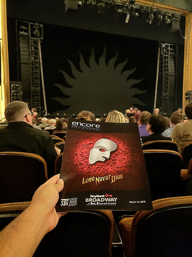 Evening performance of Love Never Dies (sequel to The Phantom of the Opera). Beautiful theme song! Act 1 started weak but Act 2 ended strong (seems to be the opposite of most musicals). — attending Love Never Dies at Paramount Theatre.