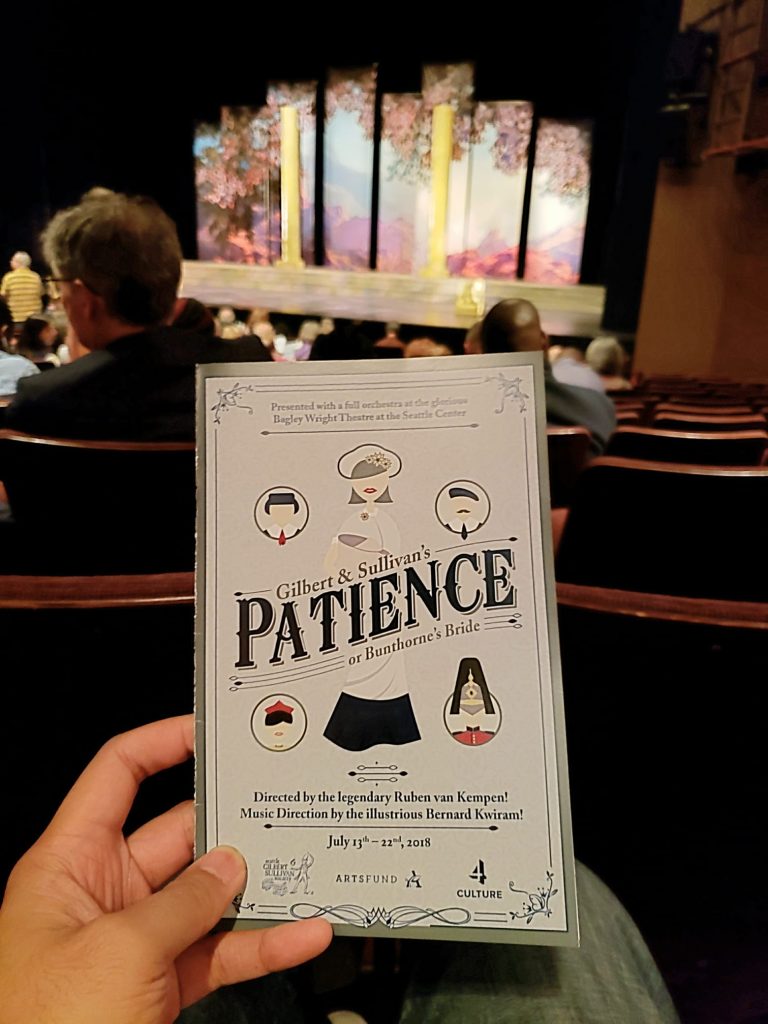 Watched Patience, or Bunthorne's Bride unaware that it was an 1800s opera instead of a musical. I imagine Spamalot would have been like this if produced more than a century ago. Terribly corny! — attending Patience, Bunthorne's Bride at Seattle Repertory Theatre.
