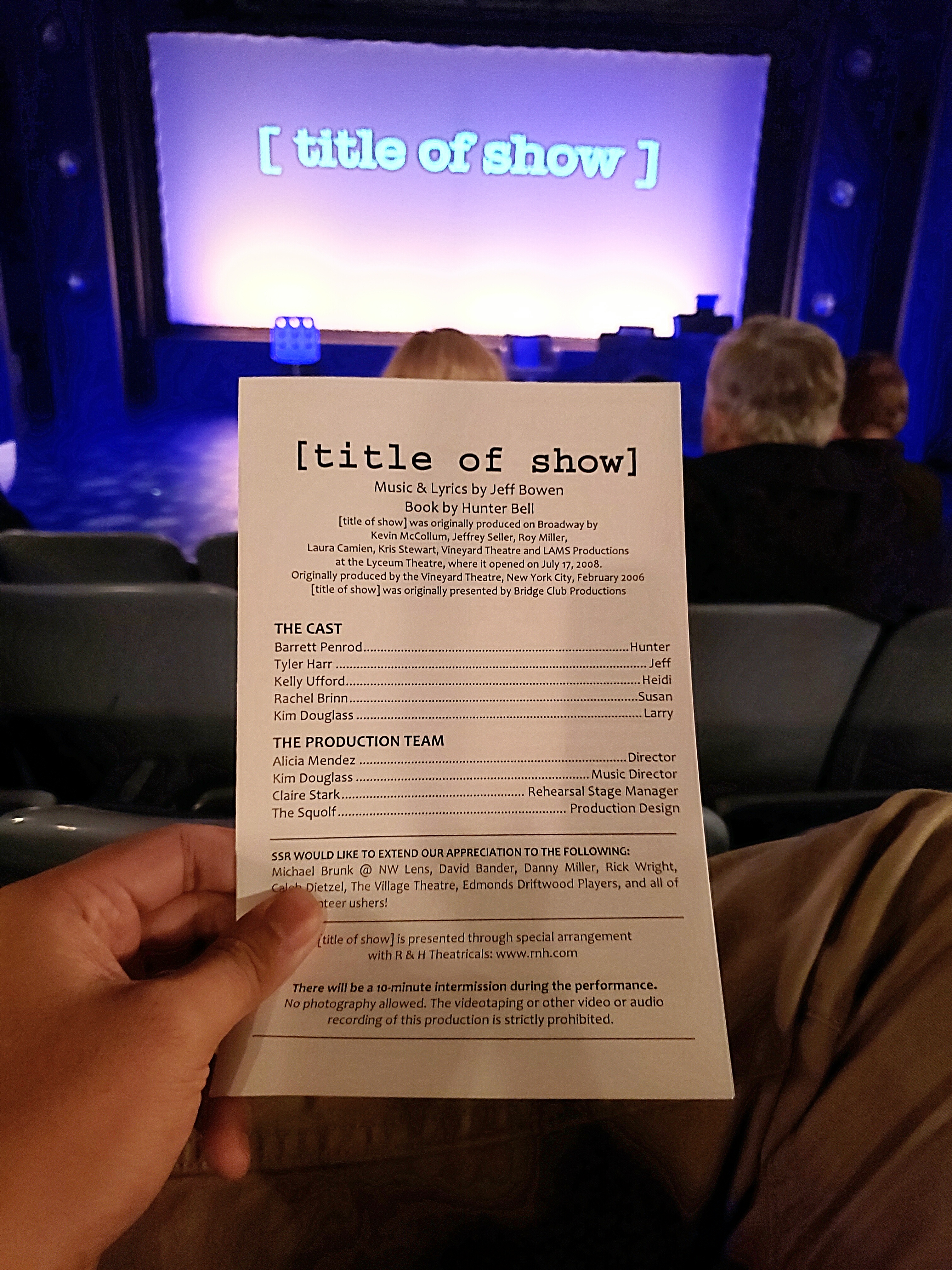 Opening weekend to the musical Title of show. Stiffer performance than what I initially saw at Bainbridge Performing Arts. But the actress that played Heidi had an amazing voice.